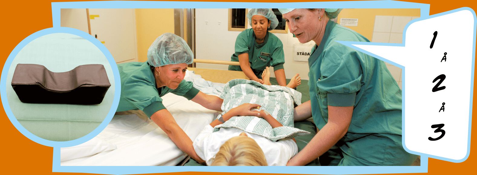 Sjuksköterskor i gröna sjukhuskläder hjälper blond pojke att flytta från sin sjukhussäng till en operationssäng.